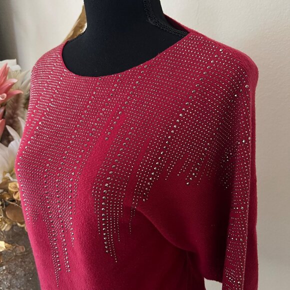 Liv Milano Oversized Sleeves Red Sweater with Rhinestones - Picture 2 of 8